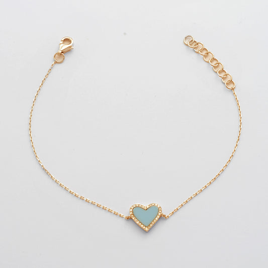 14KY 0.10CTW DIAMOND HEART BRACELET WITH TURQUOISE