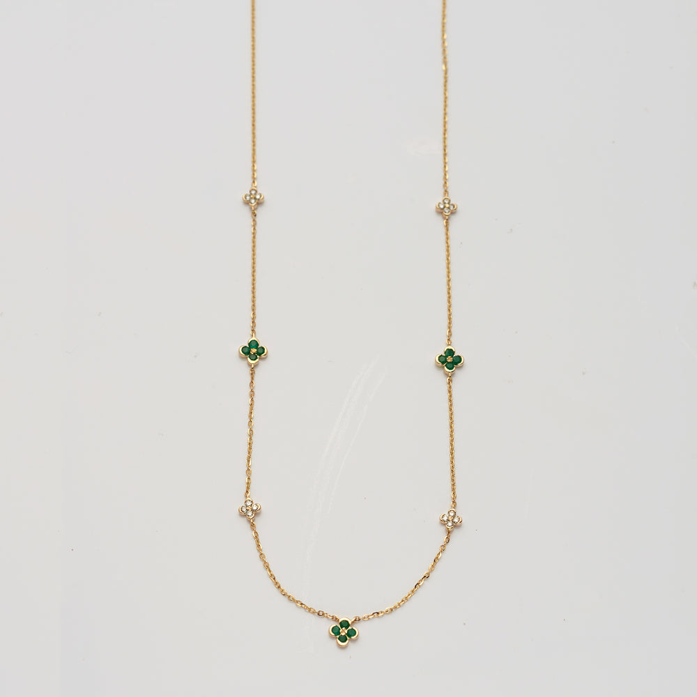 14KY 0.15CTW DIAMOND & EMERALD FLOWER NECKLACE