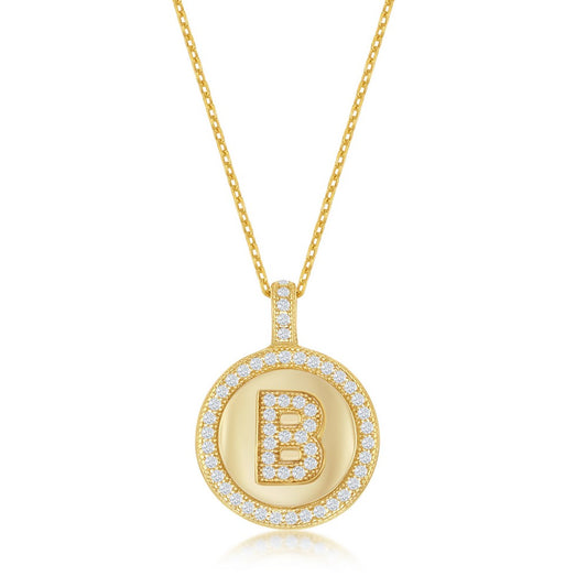 Sterling Silver Micro Pave Circle "B" Pendant W/ Chain - Gold Plated