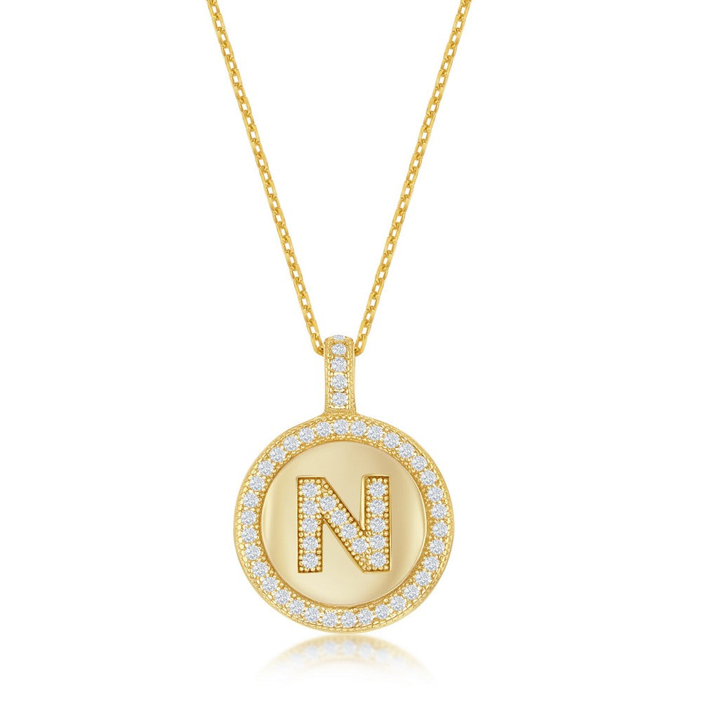 Sterling Silver Micro Pave Circle "N" Pendant W/ Chain - Gold Plated