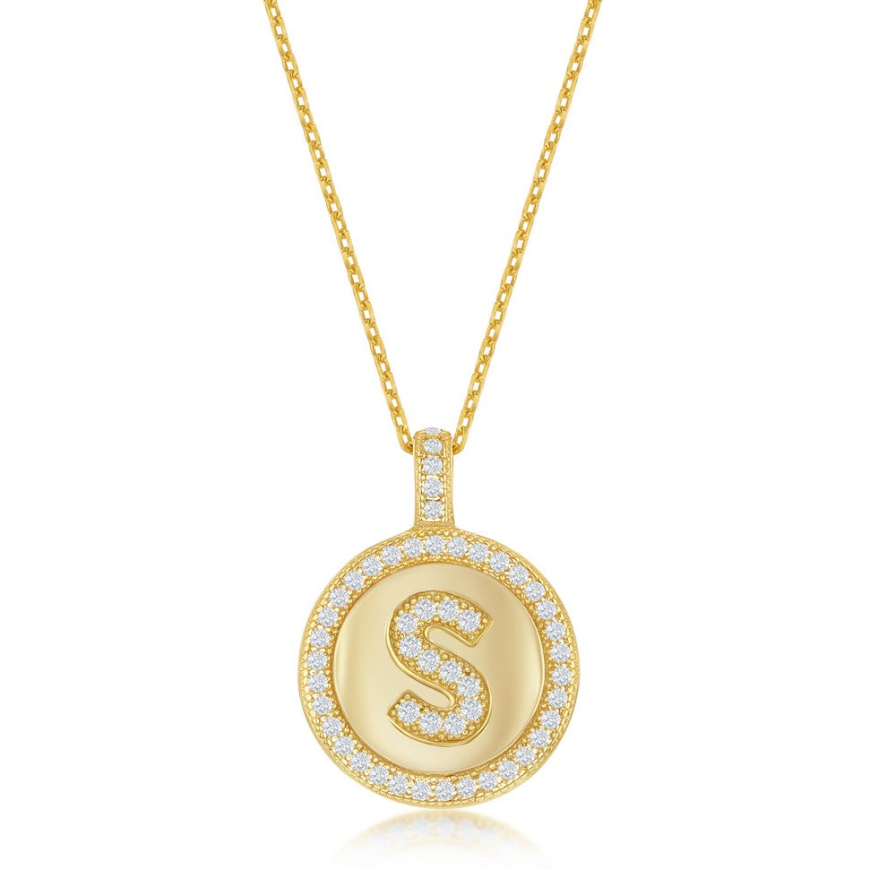 Sterling Silver Micro Pave Circle "S" Pendant W/ Chain - Gold Plated