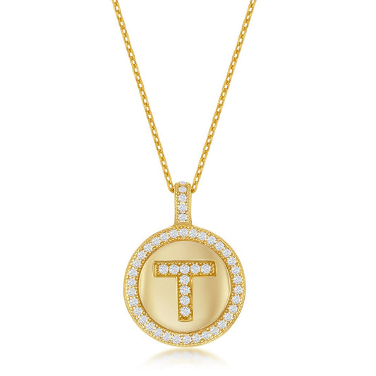 Sterling Silver Micro Pave Circle "T" Pendant W/ Chain - Gold Plated