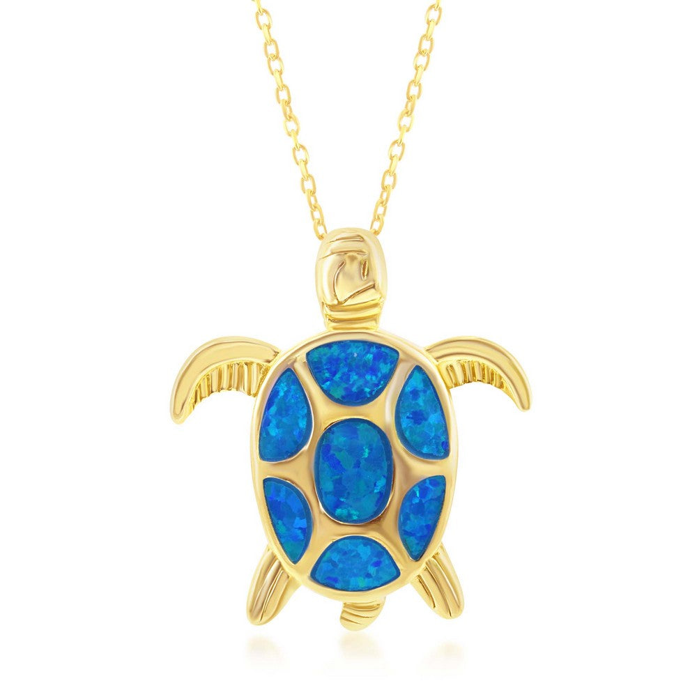 Sterling Silver Blue Inlay Opal Turtle Pendant - Gold Plated