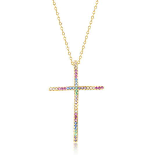 Sterling Silver Rainbow CZ Cross Pendant W/Chain - Gold Plated