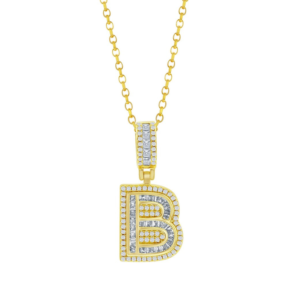 Sterling Silver 'B' Baguette CZ Initial Pendant w/Chain - Gold Plated