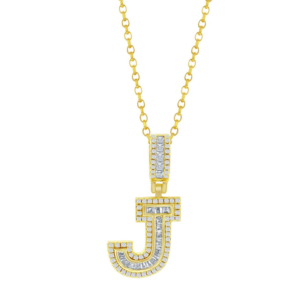 Sterling Silver 'J' Baguette CZ Initial Pendant w/Chain - Gold Plated