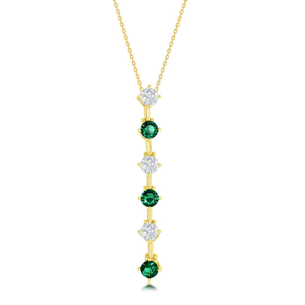 Sterling Silver Round White & Emerald CZ Long Pendant - Gold Plated