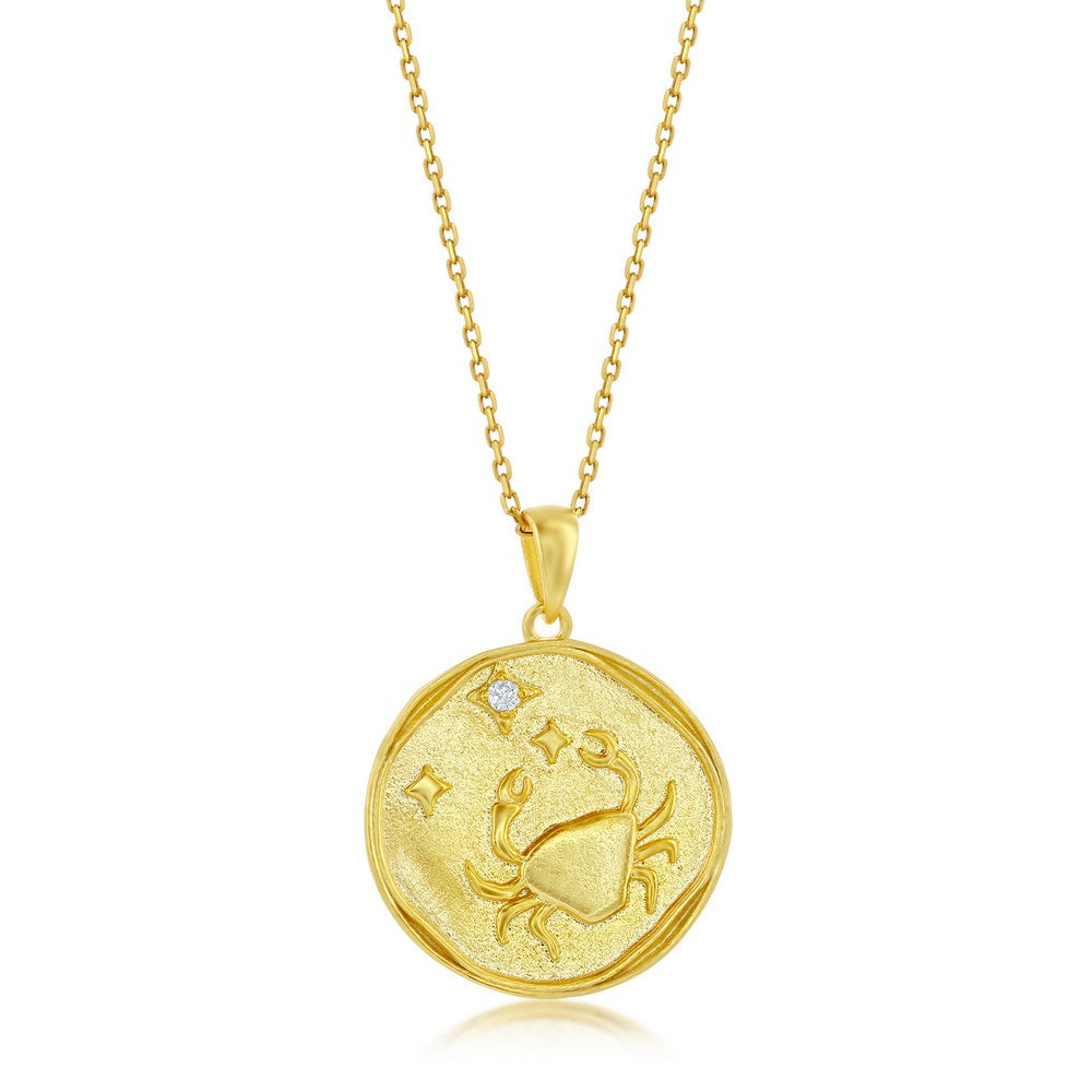 Sterling Silver 'CANCER' CZ Zodiac Circle Pendant w/Chain - Gold Plated