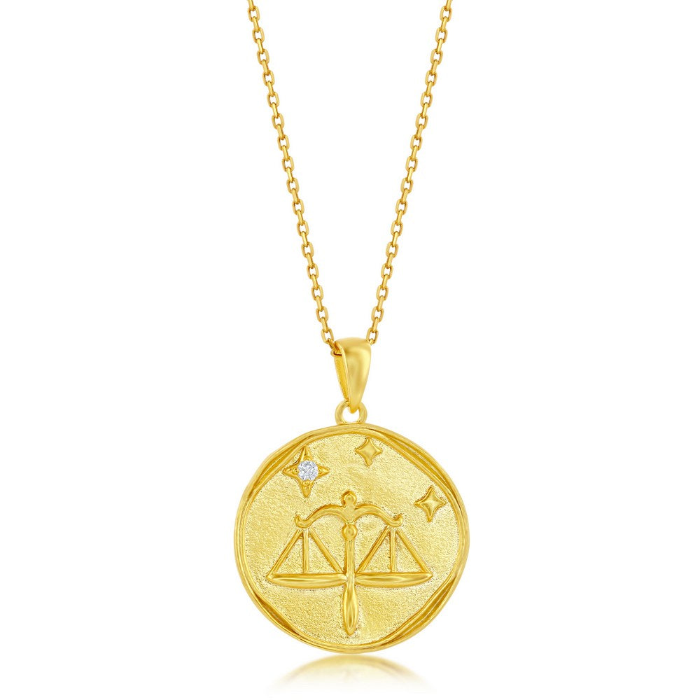 Sterling Silver 'LIBRA' CZ Zodiac Circle Pendant w/Chain - Gold Plated