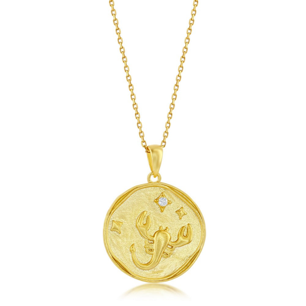 Sterling Silver 'SCORPIO' CZ Zodiac Circle Pendant w/Chain - Gold Plated